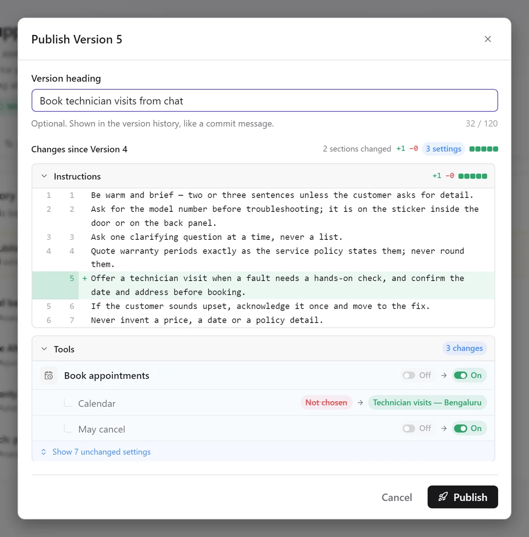 The Publish Version 5 dialog with a version heading typed, one added instruction line and three tool changes listed