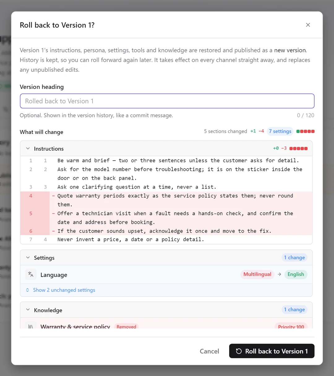 The Roll back to Version 1 dialog listing removed instruction lines, a language change and a removed knowledge base