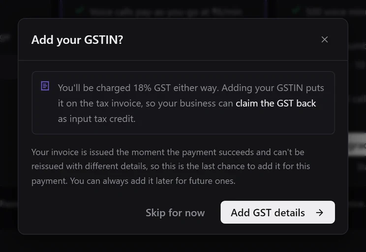Add your GSTIN? dialog with Skip for now and Add GST details buttons