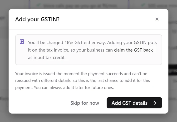 Add your GSTIN? dialog with Skip for now and Add GST details buttons