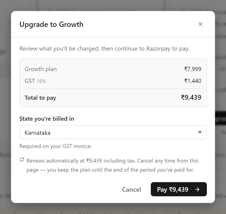 Upgrade to Growth review: Growth plan ₹7,999, GST ₹1,440, Total to pay ₹9,439, State you're billed in Karnataka, and a Pay ₹9,439 button