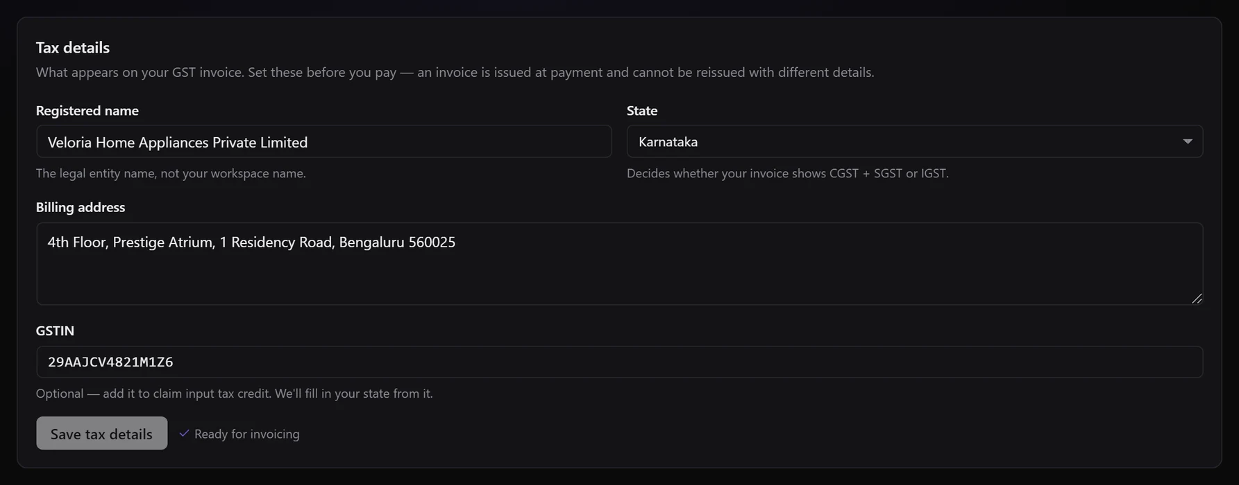 The Tax details card: Registered name, State Karnataka, Billing address, GSTIN 29AAJCV4821M1Z6, a Save tax details button and Ready for invoicing