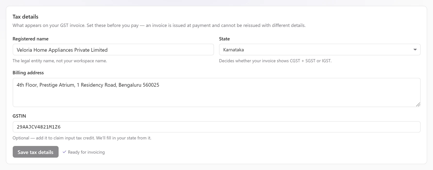 The Tax details card: Registered name, State Karnataka, Billing address, GSTIN 29AAJCV4821M1Z6, a Save tax details button and Ready for invoicing