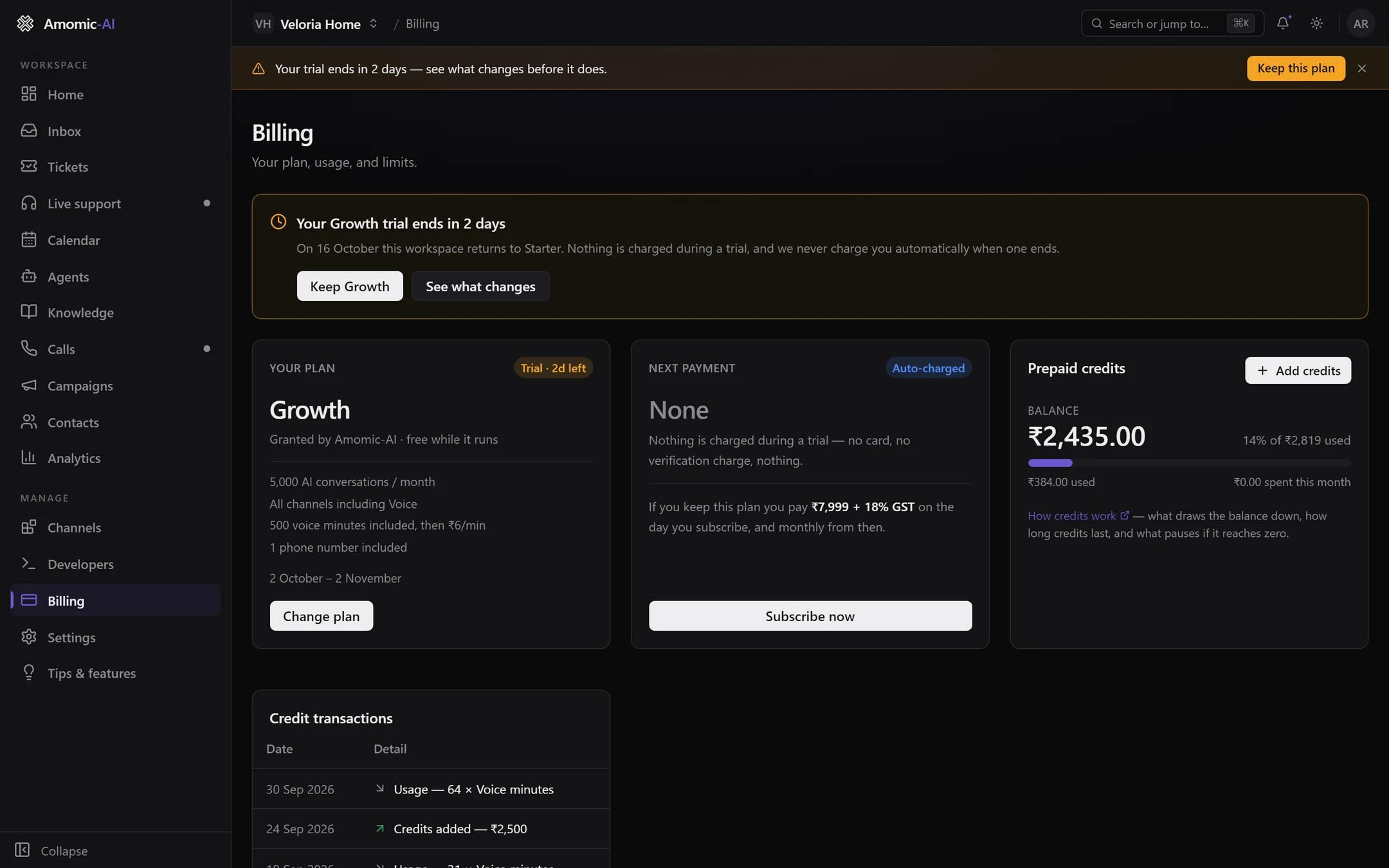 Billing during a Growth trial with 2 days left: an amber trial card with Keep Growth and See what changes, and Next payment showing None