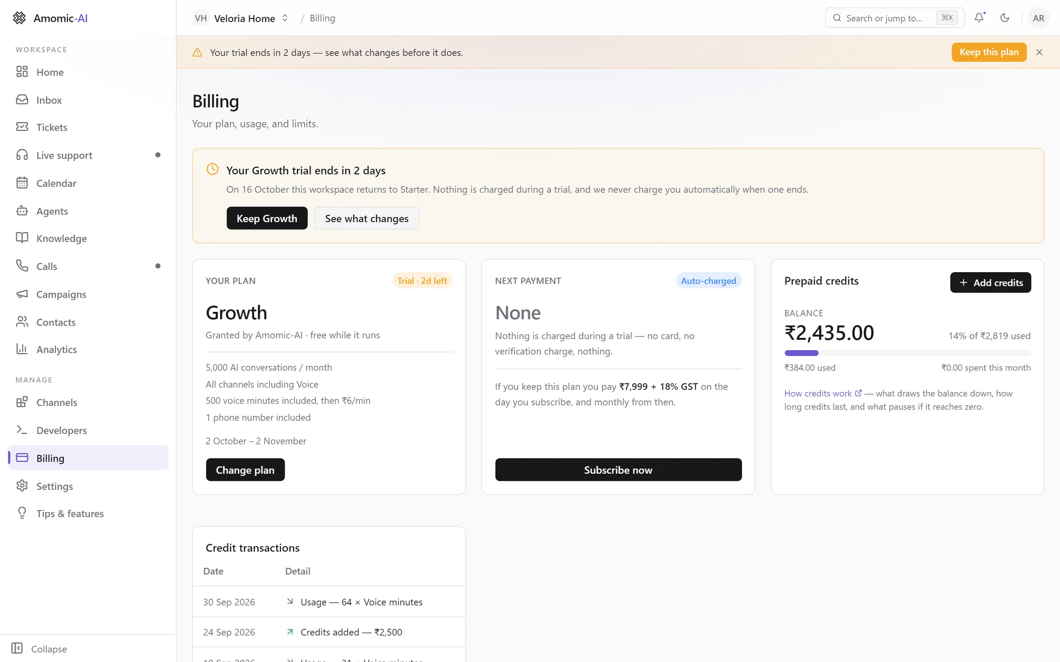 Billing during a Growth trial with 2 days left: an amber trial card with Keep Growth and See what changes, and Next payment showing None