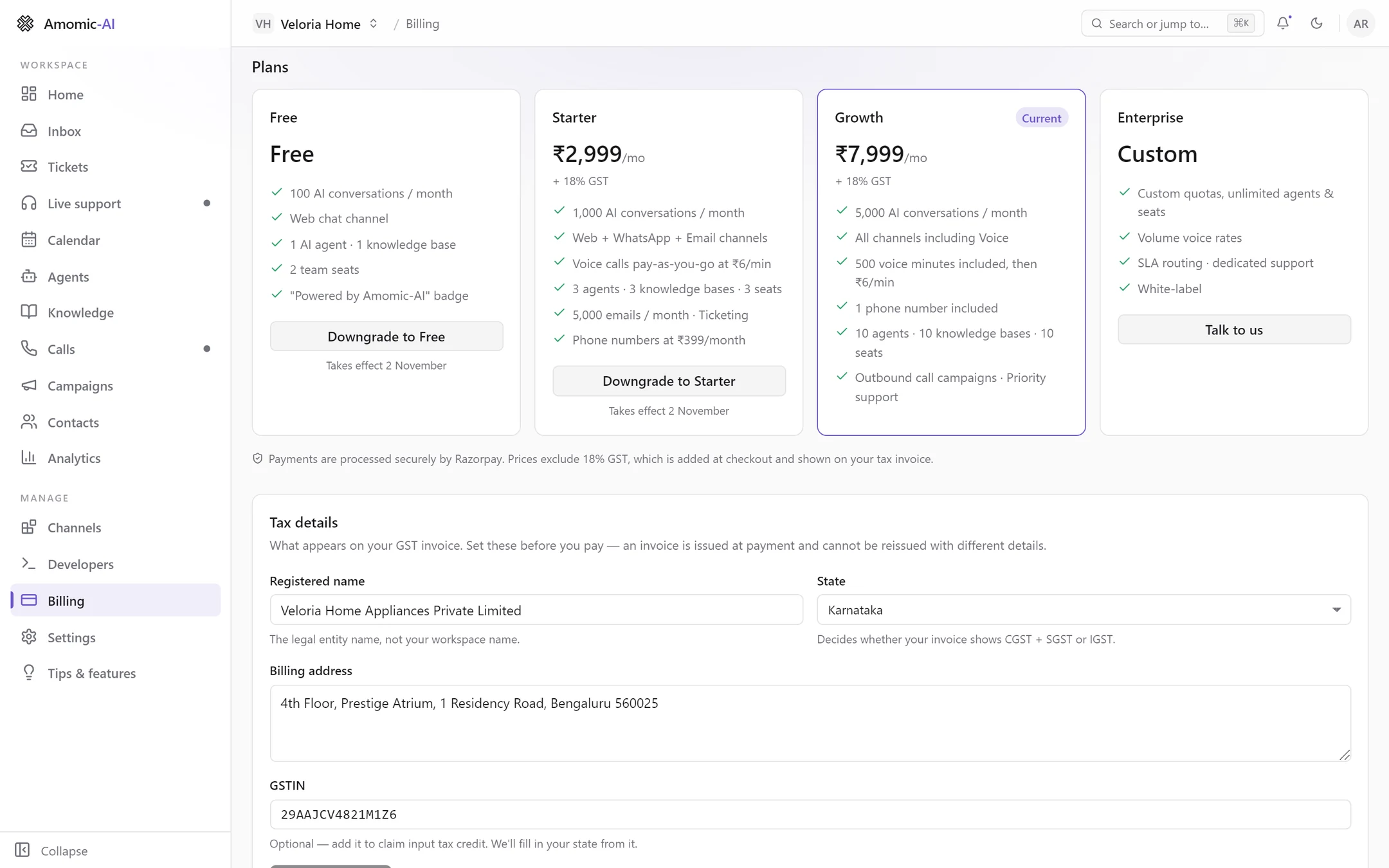 The Plans grid with Free, Starter, Growth (marked Current) and Enterprise, and the Tax details card below