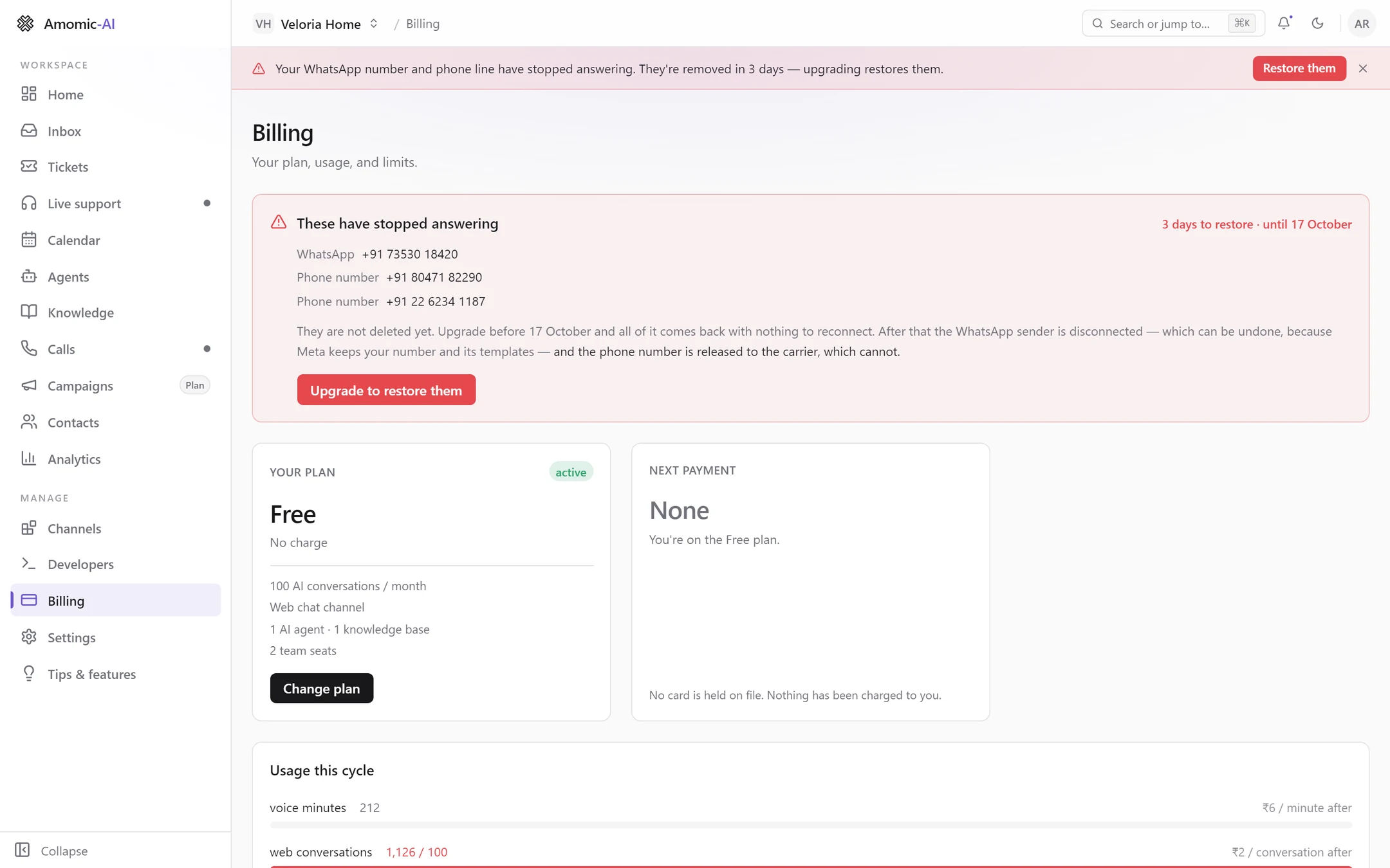 Billing on Free with a red card: These have stopped answering, listing a WhatsApp number and two phone numbers, 3 days to restore, until 17 October