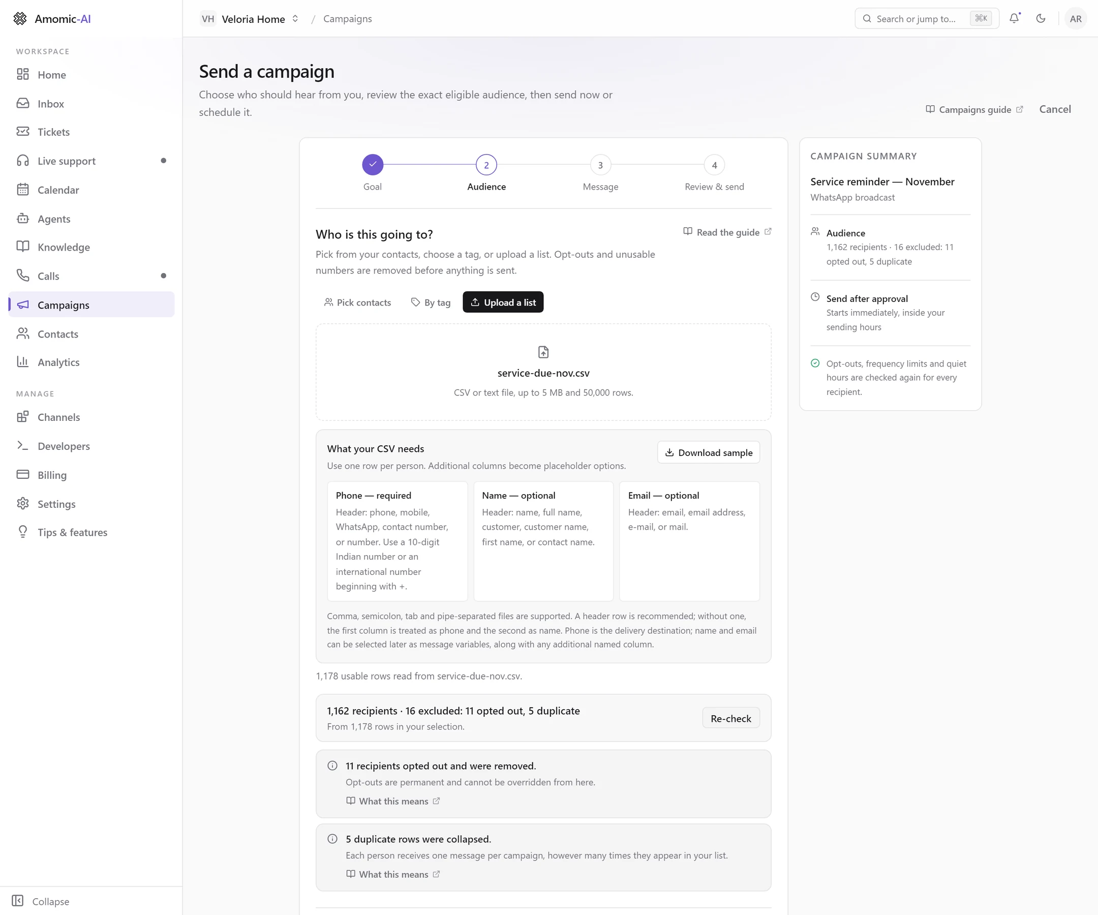 The Audience step with an uploaded CSV, the What your CSV needs panel, and the audience check reading 1,162 recipients, 16 excluded