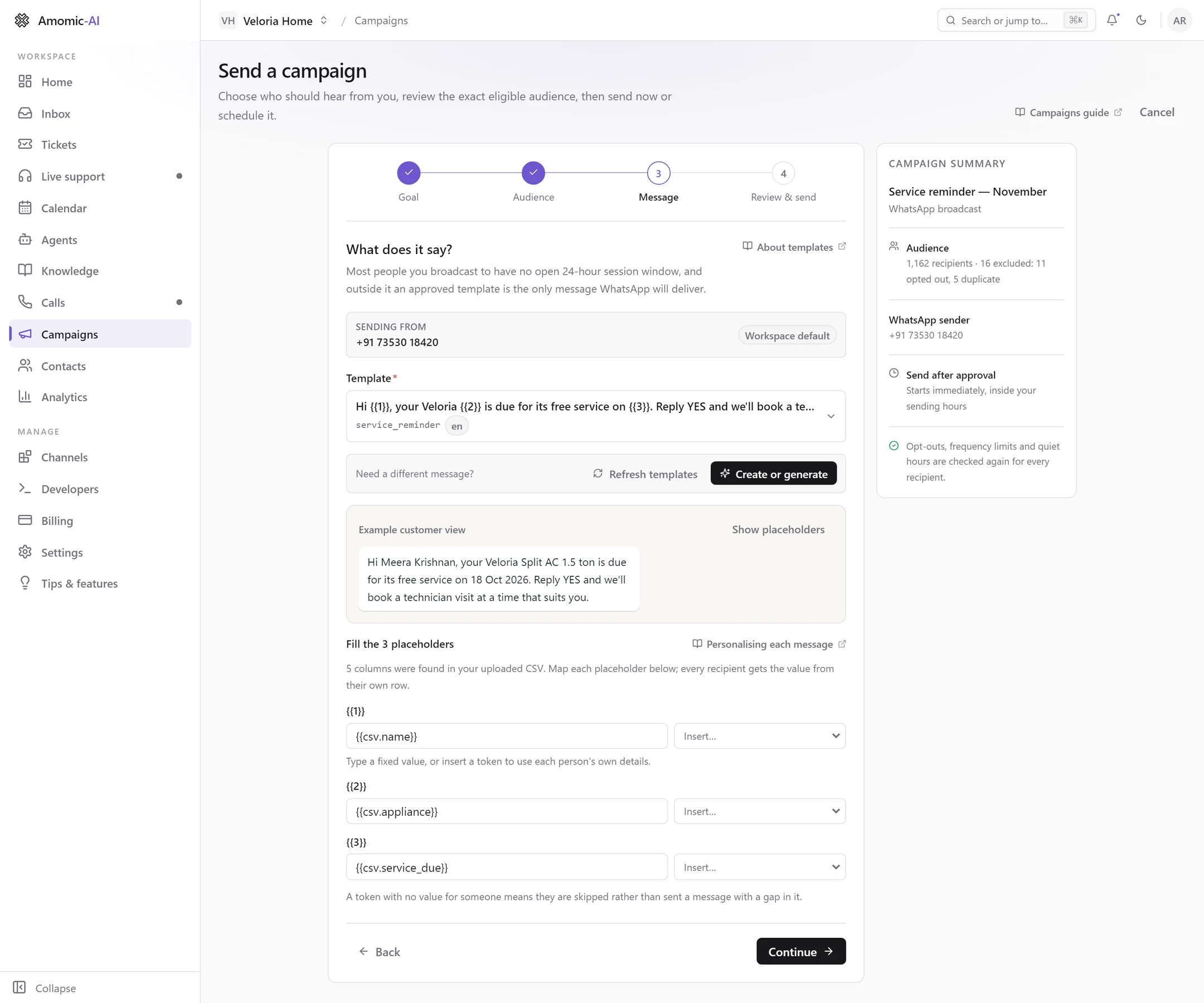 The Message step with the service_reminder template chosen, an example preview, and its three placeholders mapped to CSV columns