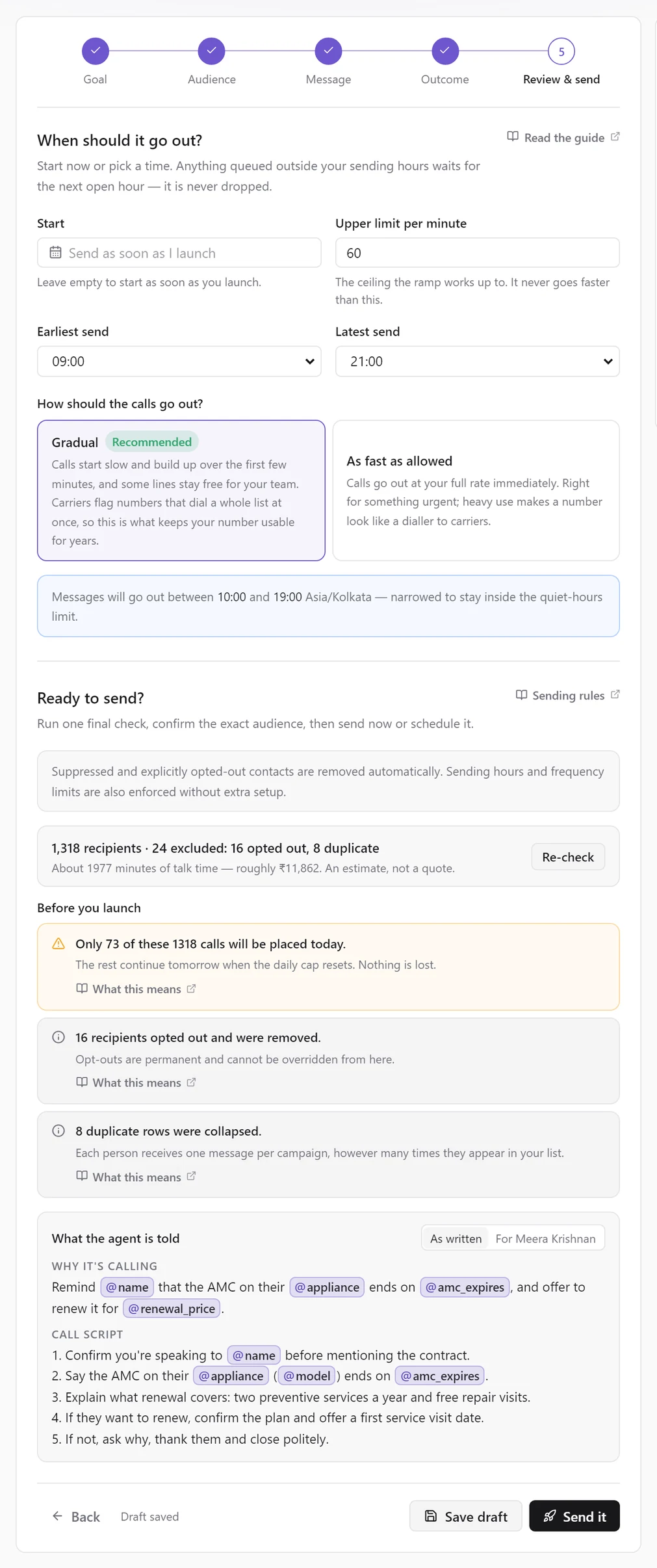 Review & send for a call batch with a daily-call warning and the What the agent is told panel