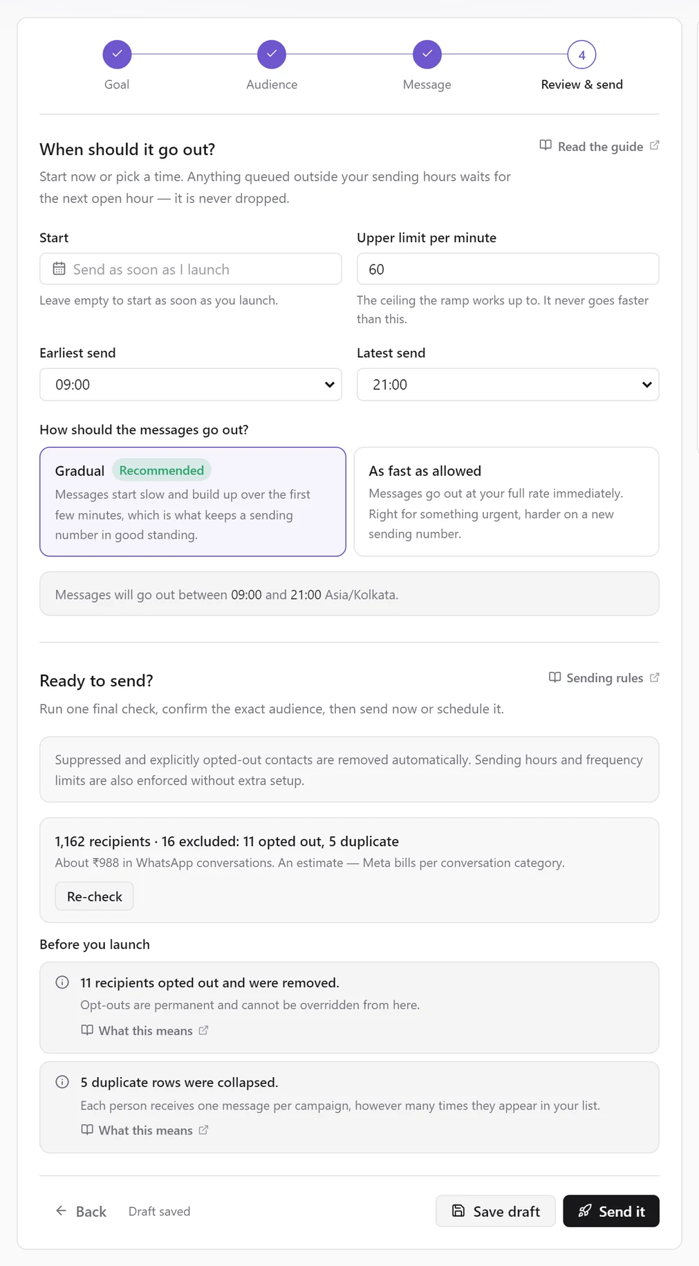 Review & send for a WhatsApp broadcast: schedule fields, Gradual pace, 1,162 recipients with an estimate, and two informational findings