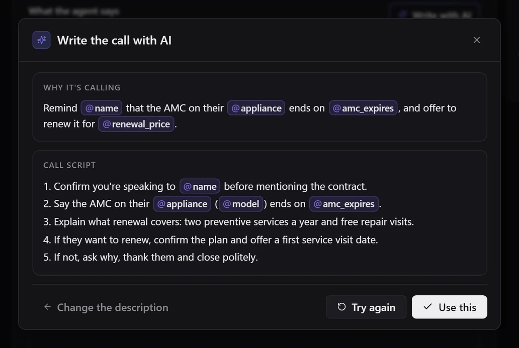 The Write the call with AI dialog showing a drafted purpose and five-step call script using the list's columns