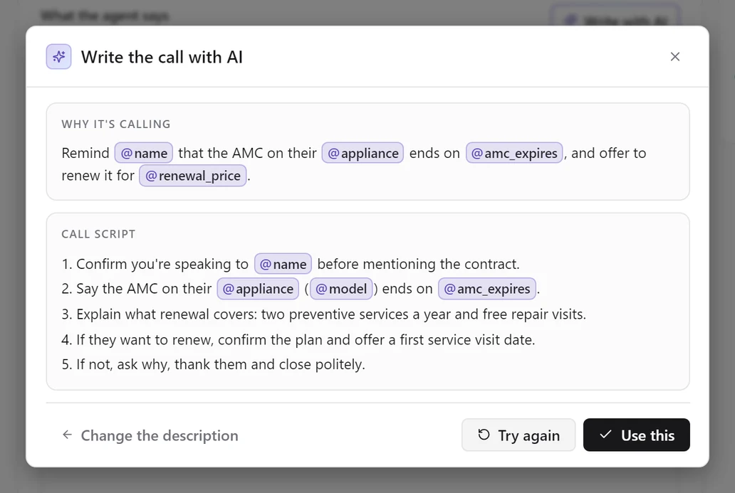 The Write the call with AI dialog showing a drafted purpose and five-step call script using the list's columns