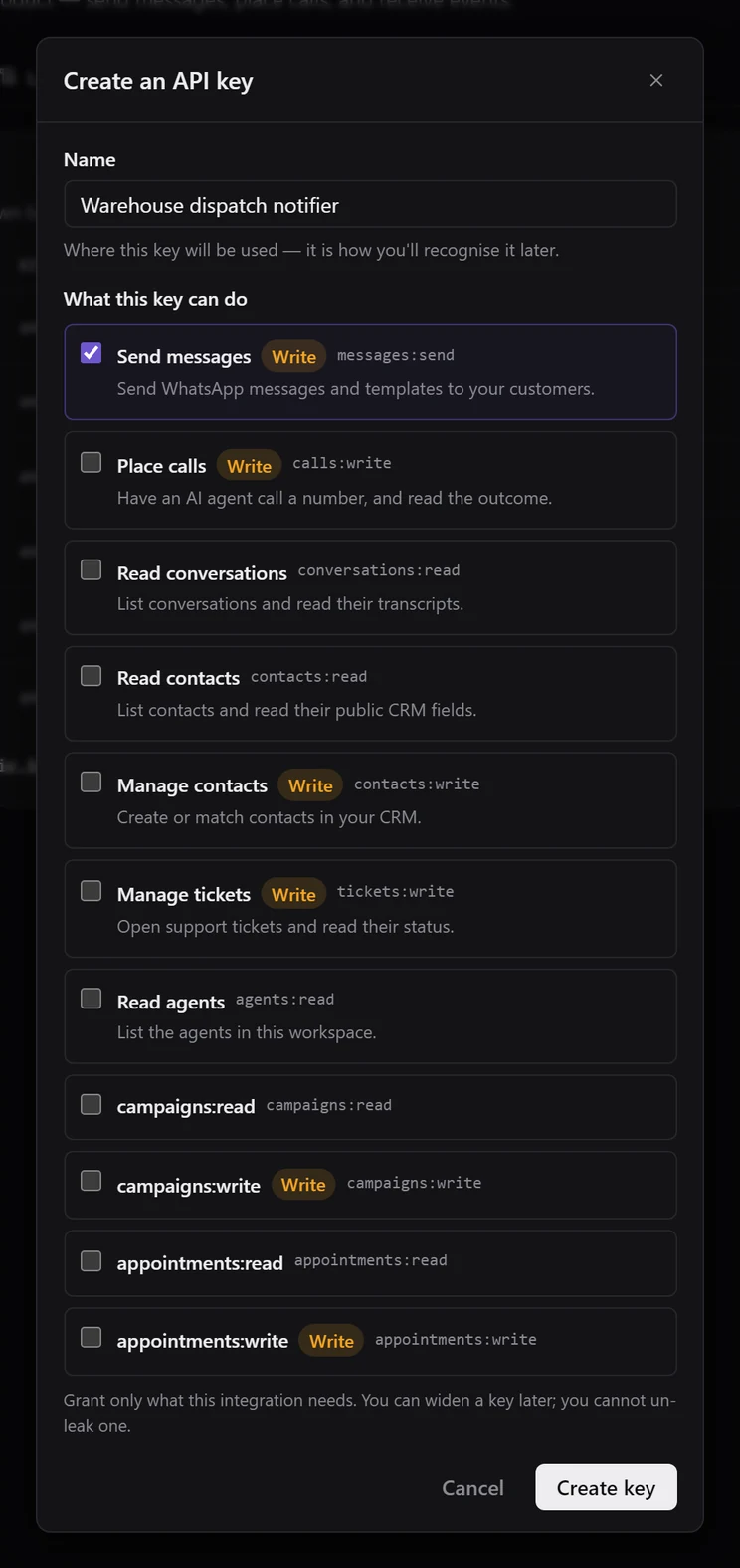 The Create an API key dialog with the name Warehouse dispatch notifier and only Send messages ticked; Write badges mark the scopes that change things