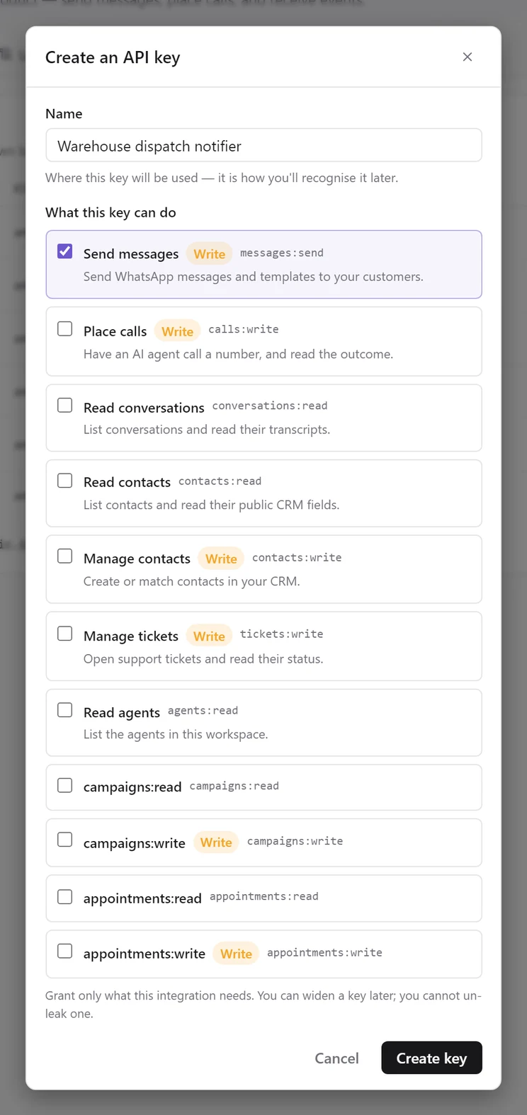 The Create an API key dialog with the name Warehouse dispatch notifier and only Send messages ticked; Write badges mark the scopes that change things