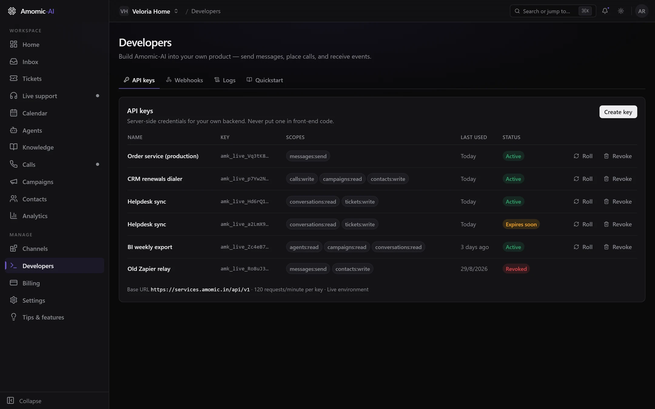 The API keys tab listing six keys with masked prefixes, scope badges, last used dates and Active, Expires soon and Revoked statuses, with Roll and Revoke buttons and the base URL footer