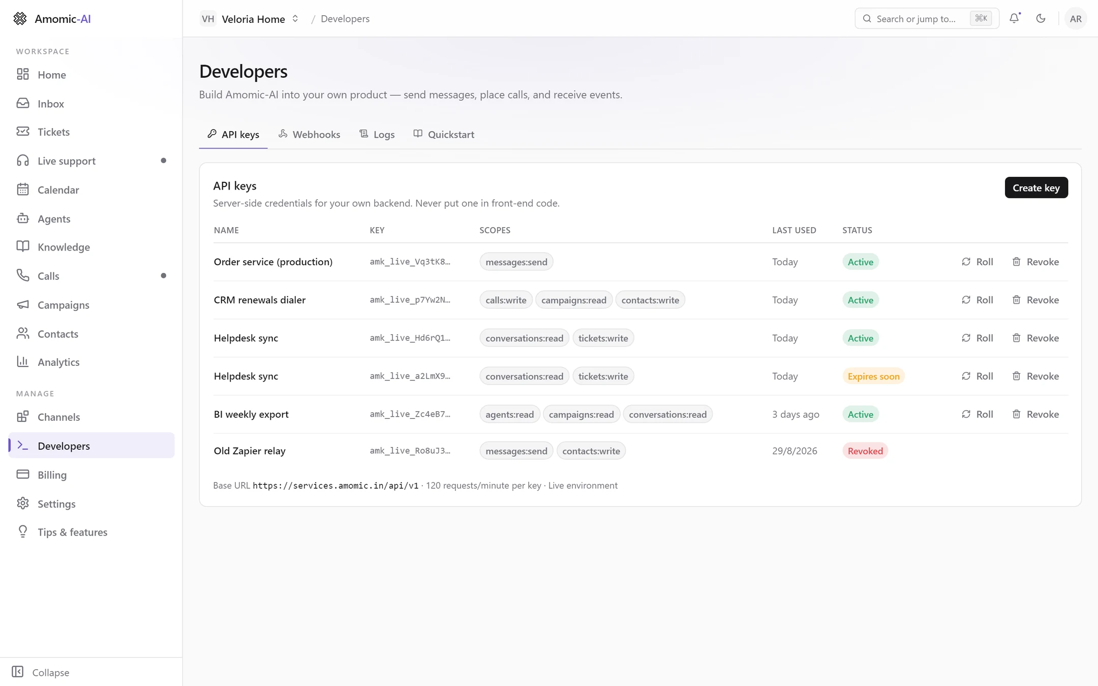 The API keys tab listing six keys with masked prefixes, scope badges, last used dates and Active, Expires soon and Revoked statuses, with Roll and Revoke buttons and the base URL footer