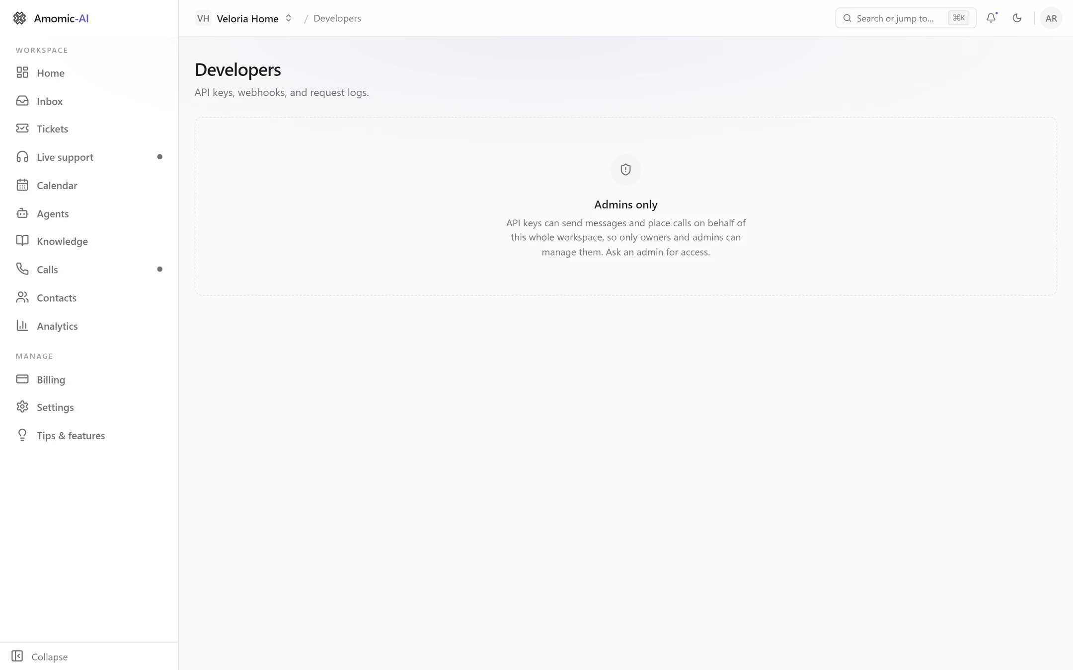 The Developers page as a member sees it: an Admins only message explaining that only owners and admins can manage API keys