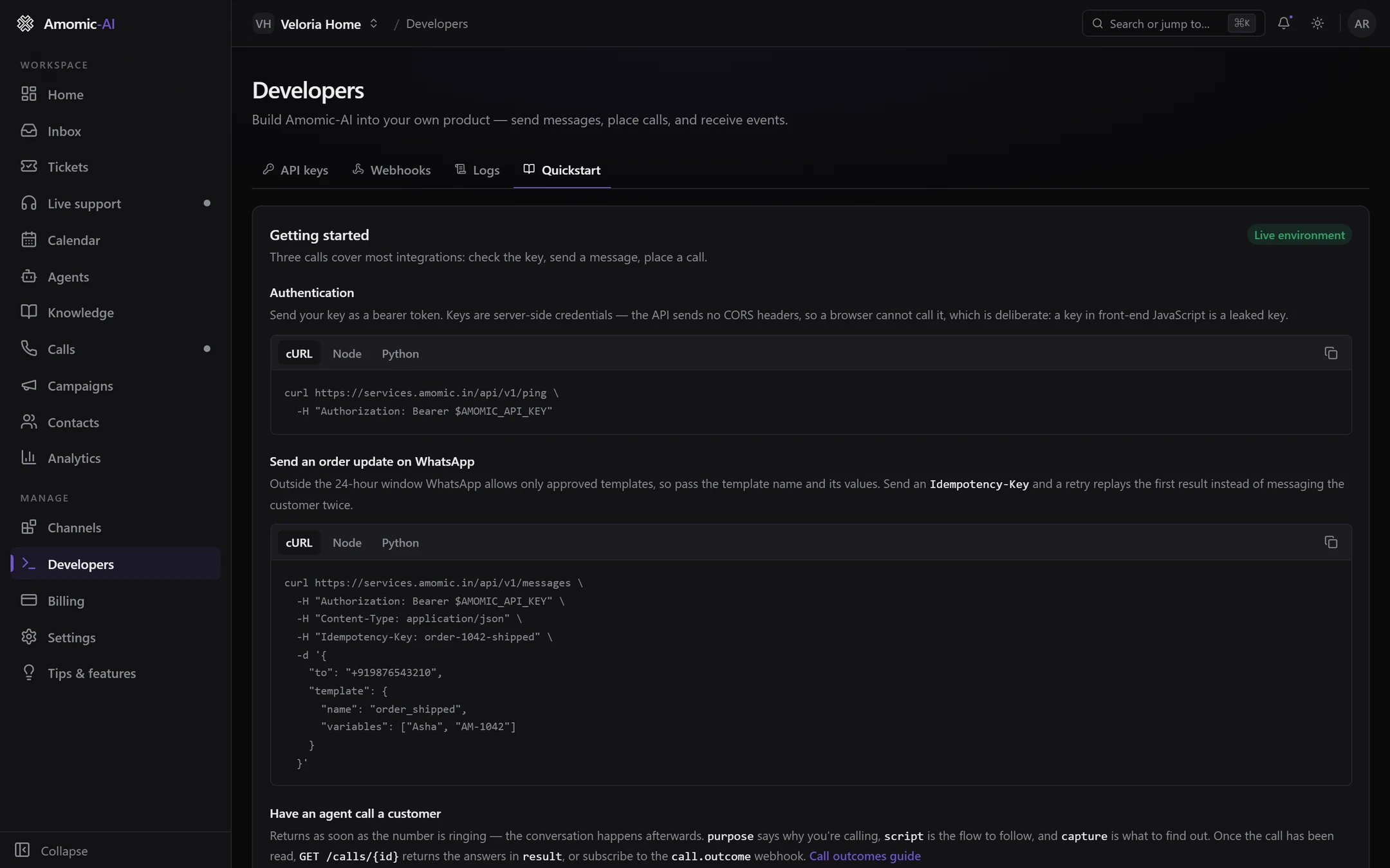 The Quickstart tab with Getting started, a Live environment badge, and cURL examples for checking a key and sending a WhatsApp order update