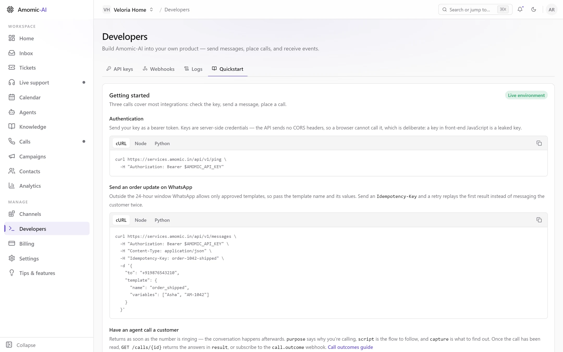 The Quickstart tab with Getting started, a Live environment badge, and cURL examples for checking a key and sending a WhatsApp order update