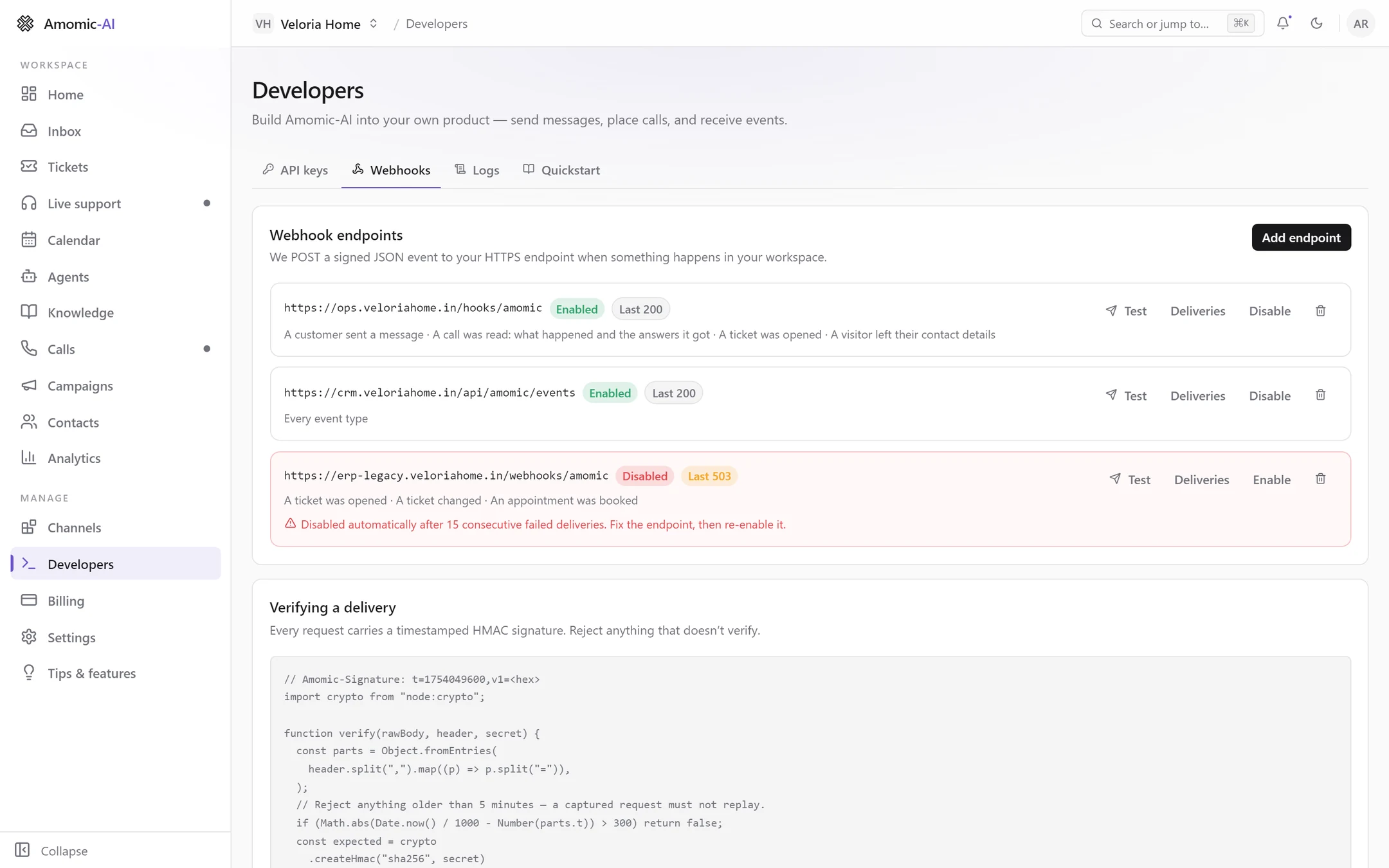 The Webhooks tab with two enabled endpoints showing Last 200, one listing four event types and one receiving every event type, and a disabled endpoint with Last 503 and a note that it was disabled automatically after 15 consecutive failed deliveries