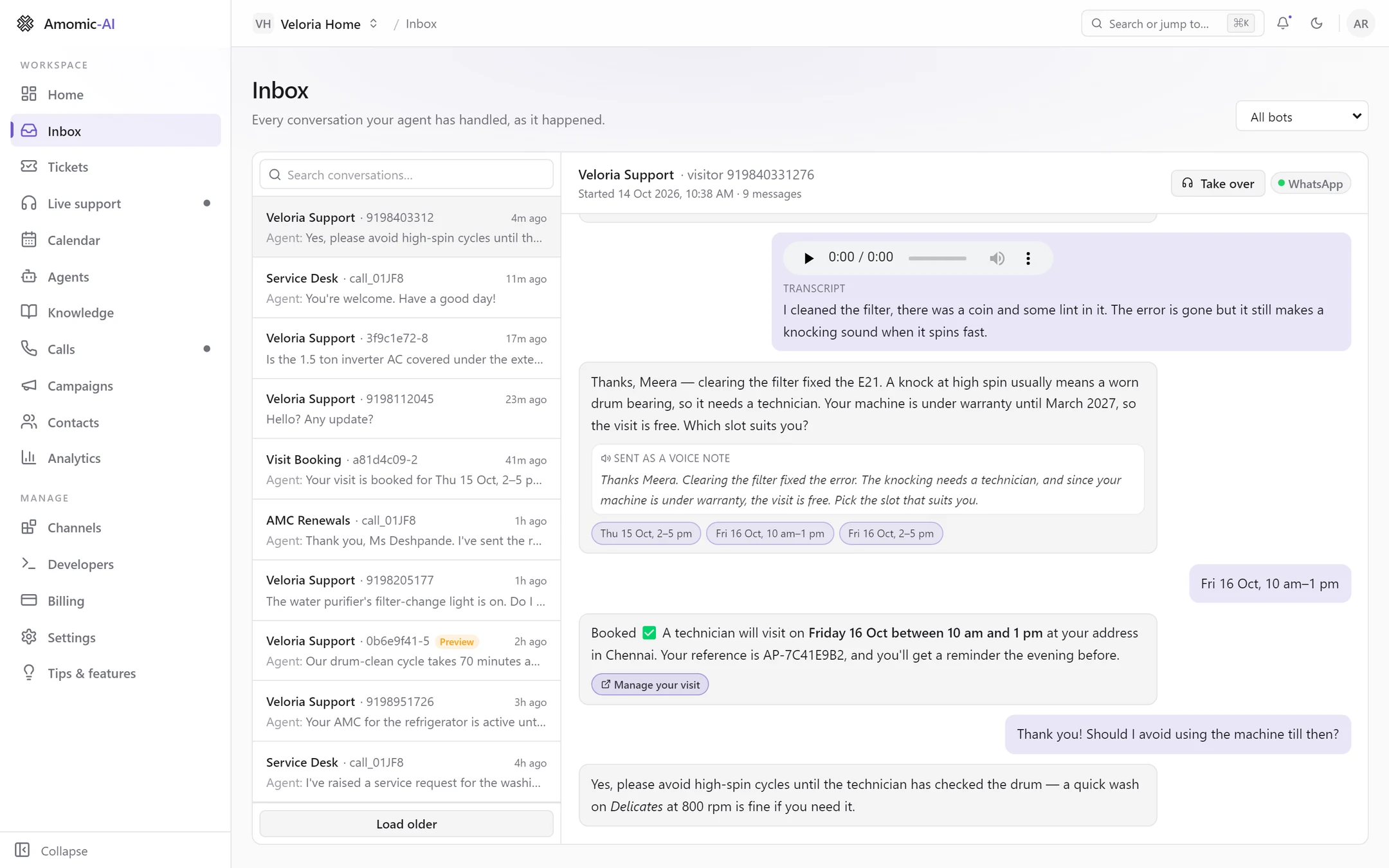 Further down the same WhatsApp transcript: an agent reply with a Sent as a voice note box and three time-slot buttons, the customer's chosen slot, and a booking confirmation with a Manage your visit link