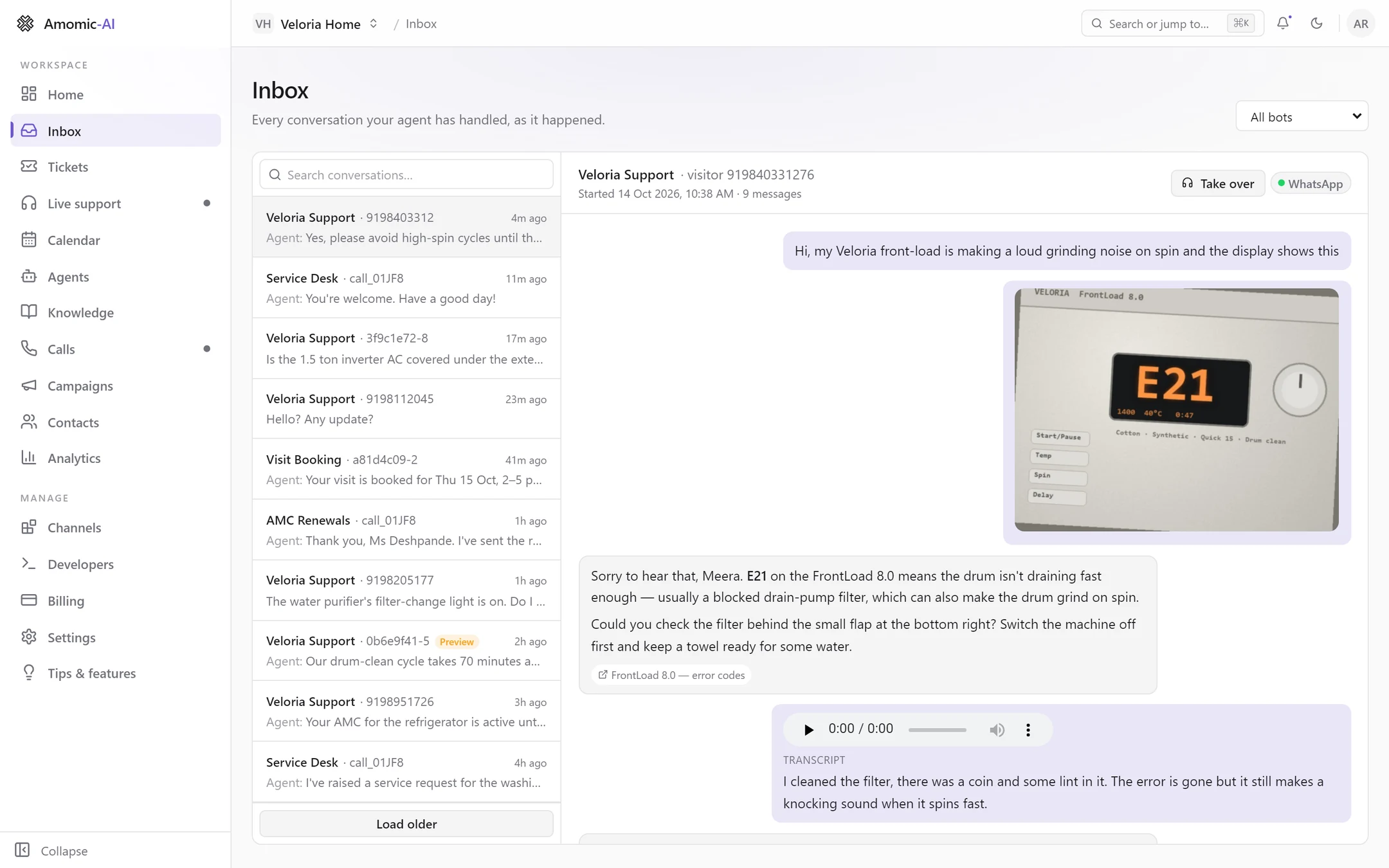 The Inbox with the conversation list on the left and a WhatsApp transcript on the right: the customer's message, a photo of a washing machine showing error E21, the agent's answer with a knowledge source link, and a voice note with its transcript