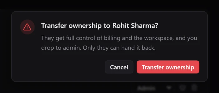 Transfer ownership to Rohit Sharma? They get full control of billing and the workspace, and you drop to admin. Only they can hand it back.