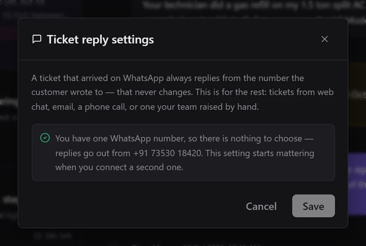 Ticket reply settings on a workspace with one WhatsApp number, saying there is nothing to choose