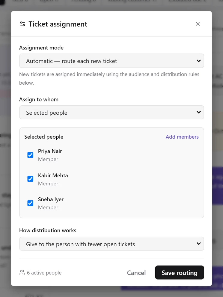 The Ticket assignment dialog set to Automatic, assigning to selected people with the fewer-open-tickets rule