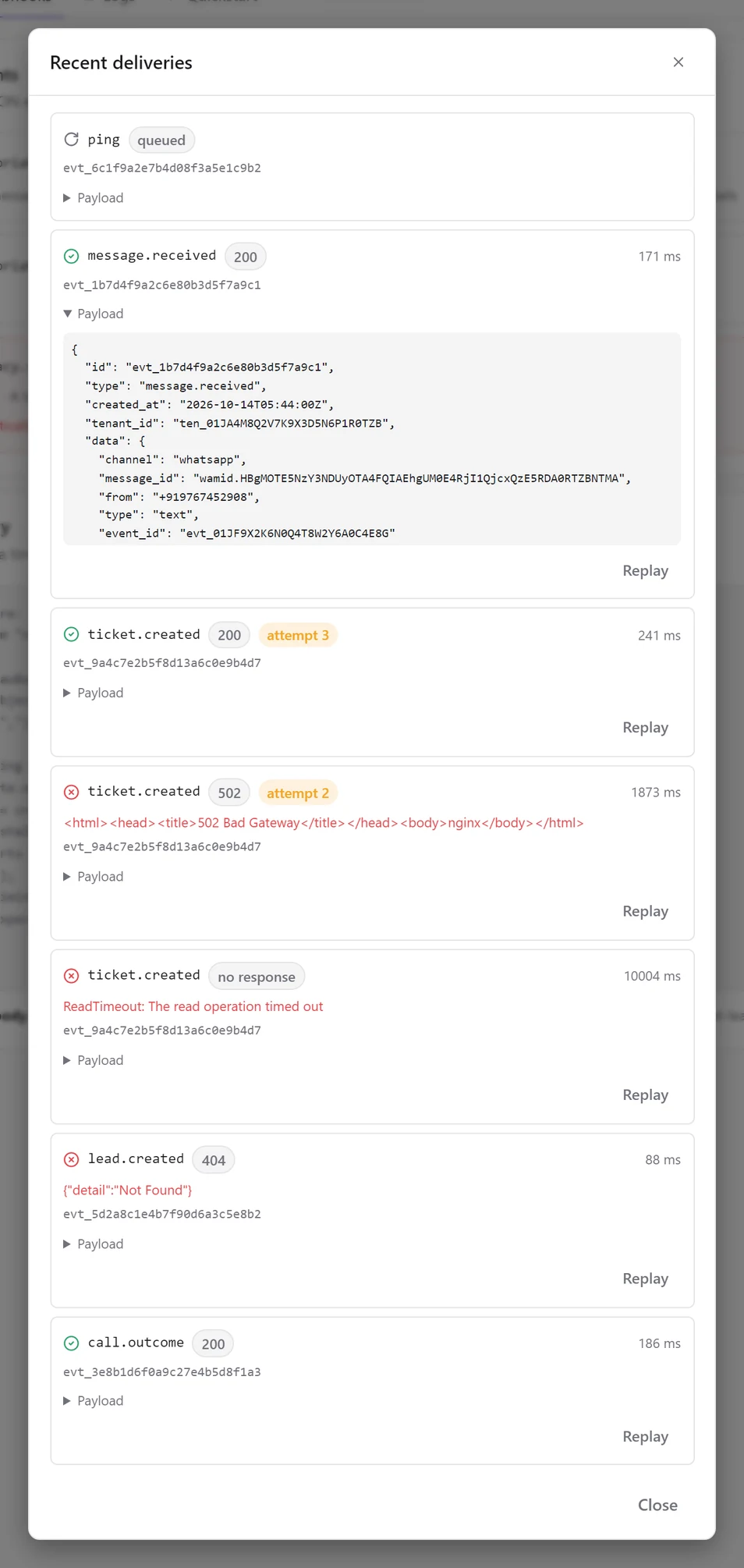 Recent deliveries: a queued ping, a message.received delivered with 200 and its payload expanded, one ticket.created event tried three times — no response, then 502, then 200 on attempt 3 — a lead.created refused with 404, and a call.outcome delivered with 200